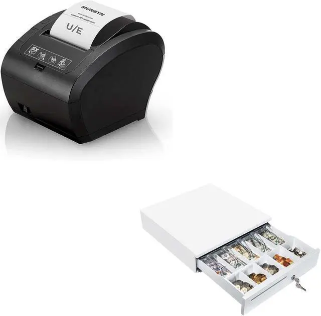 Main image of MUNBYN POS Printer, Receipt Printer USB Ethernet 80MM Thermal Printer P047 and White Cash Drawer, 16" Heavy Duty Cash Register for Point of Sale (POS) System