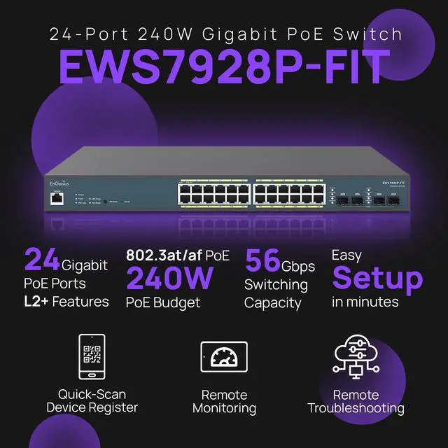 Alt view image 2 of 5 - EnGenius Fit L2 Plus Managed 24-Port Gigabit PoE+ Switch | 240W Budget | 4 SFP Uplink Ports | 802.3at/af PoE+ Ready | 56 Gbps Switching Capacity [EWS7928P-FIT]