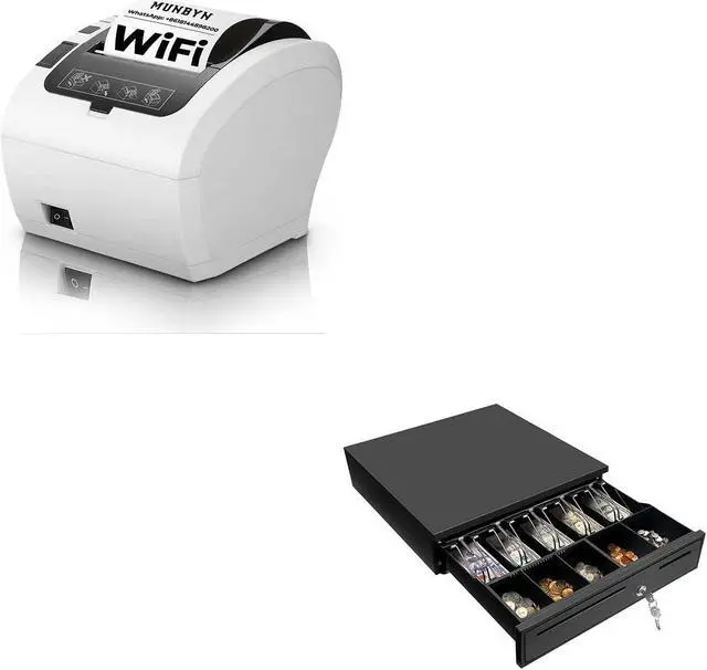 Main image of MUNBYN WiFi Thermal Receipt Printer with USB/LAN/RS232 Port, 80mm POS Printer Works with Square Windows Mac Chromebook Linux Cash Drawer and Black Cash Register Drawer, 16" Wide Cash Drawer
