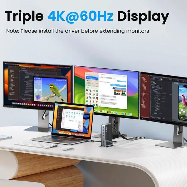 Alt view image 3 of 5 - 4URPC DisplayLink Docking Station Triple 4K@60Hz Monitor with 120W Power Adapter, Laptop Dock for Thunderbolt 5/4/3, USB C M1/M2/M3/M4 MacBook/Windows(Single 8K)/Chrome(3 HDMI, 2 DP, 6 USB, Ethernet)