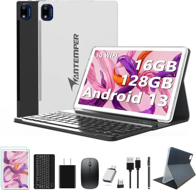 Main image of 2025 Latest Android 13 Tablet 10.1 Inch, 5G WiFi Tablets Mit 16GB RAM+128GB ROM(1TB TF),2 In 1 Tablet with keyboard Mouse Pen-Octa-Core2.0Ghz | 7000mAh | 1080FHD | 13MP Camera | WLAN GPS -Silvery