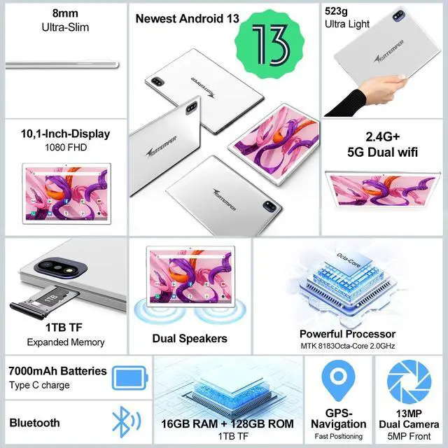 Alt view image 2 of 5 - 2025 Latest Android 13 Tablet 10.1 Inch, 5G WiFi Tablets Mit 16GB RAM+128GB ROM(1TB TF),2 In 1 Tablet with keyboard Mouse Pen-Octa-Core2.0Ghz | 7000mAh | 1080FHD | 13MP Camera | WLAN GPS -Silvery