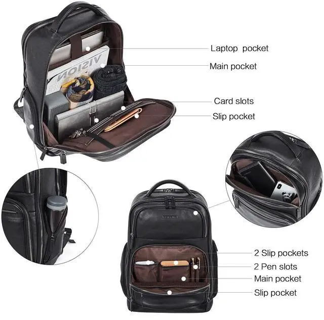 Alt view image 3 of 5 - BOSTANTEN Leather Backpacks College 15.6 Laptop Travel Computer Shoulder Backpack For Men Black