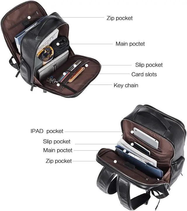 Alt view image 2 of 5 - BOSTANTEN Leather Backpacks College 15.6 Laptop Travel Computer Shoulder Backpack For Men Black