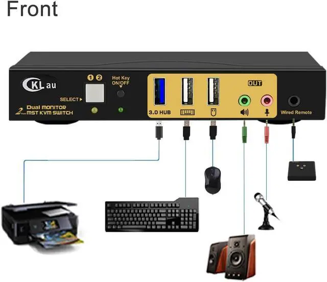 Alt view image 2 of 5 - CKLau MST Dual Monitor KVM Switch Displayport HDMI 4K60Hz 2K@144Hz (1 DP in, DP + HDMI Out) with Audio, Microphone, All Input Cables, USB 3.0 Hub for 2 Computers Supports Keyboard Mouse Switching