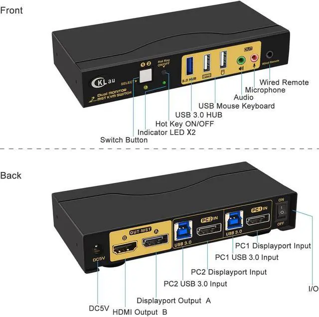 Alt view image 5 of 5 - CKLau MST Dual Monitor KVM Switch Displayport HDMI 4K60Hz 2K@144Hz (1 DP in, DP + HDMI Out) with Audio, Microphone, All Input Cables, USB 3.0 Hub for 2 Computers Supports Keyboard Mouse Switching