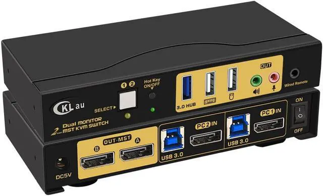 Main image of CKLau 2 Port MST KVM Switch Displayport 2 Computers 2 Monitors (1 DP in, 2 DP Out) 4K60Hz 2K144Hz with Audio, Microphone, Cables, and Hub Supports Hot Key Switching Suit for Laptop Use Dual Monitors