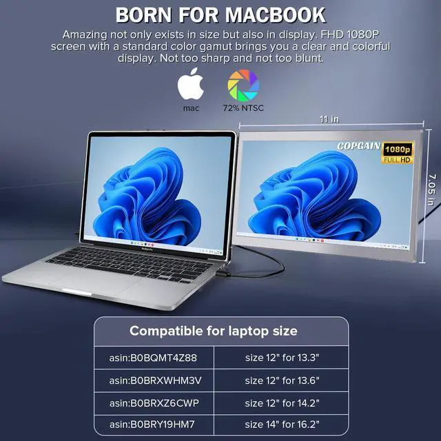 Alt view image 4 of 5 - CopGain 12'' Portable Monitor for Laptop Screen Extender for 13.3'' MacBook, Designed for MacBook Screen Extender FHD 1080P IPS Display Plug and Play P1M