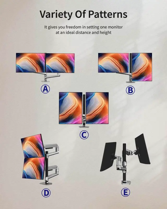 Alt view image 4 of 5 - Ergounion Dual Monitor Mount, Holds Screens up to 40 Inches and 25 lbs, Fully Adjustable Dual Monitor Arm with C-Clamp and Grommet Base, Aluminum, Silver
