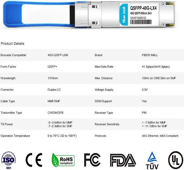 Alt view image 3 of 5 - 40G QSFP+ LX4 for Brocade 40G-QSFP-LM4 40GBASE-LX4 QSFP+ 1310nm 4 CWDM 1310nm 2km/150m SMF/MMF LC DDM Optical Transceiver Module