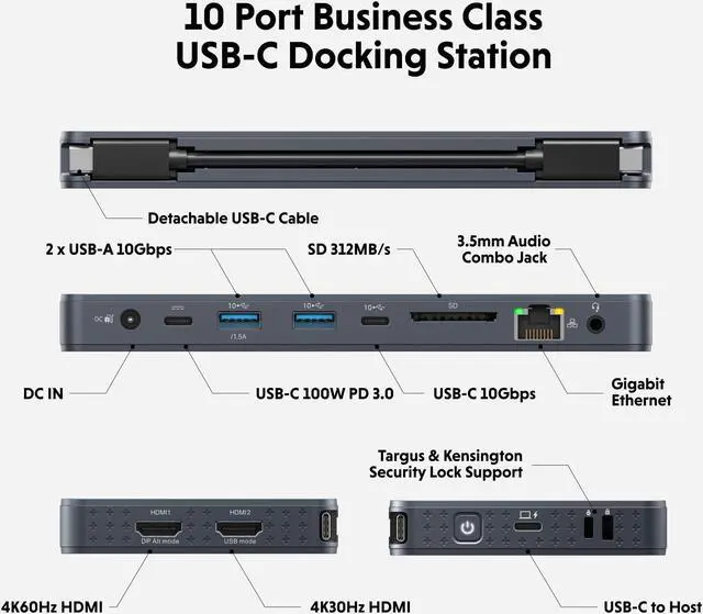 Alt view image 2 of 5 - HyperDrive Next 10 Port Business Class USB C Docking Station for PC/Mac/Chromebook, Pro-Grade 2X File Transfer w/ 10Gbps, 3X Fast Photo/Video Transfer w/SD 4.0, Charges w/ 100W PD Power