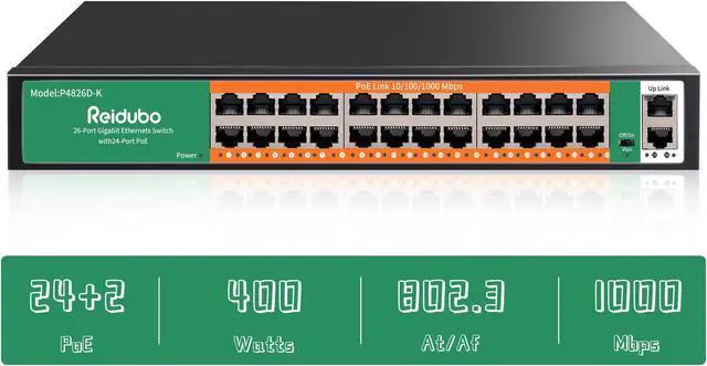 Main image of Reidubo 24 Port Gigabit PoE Switch with 2 Uplink Gigabit Ethernet Ports, 400W, Unmanaged,19-inch Rackmount, VLAN, 802.3af/at, Fanless Silent Operation, Compatible with AP WiFi6, PoE Cameras