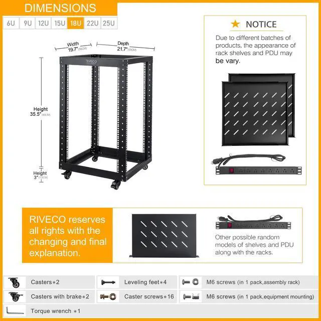 Alt view image 2 of 5 - RIVECO 18U Open Frame Server Rack with Brake Casters + PDU (8 Outlets) Power Strip Surge Protector + 2 PCS Rack Shelves Cantilever Tray Set Black