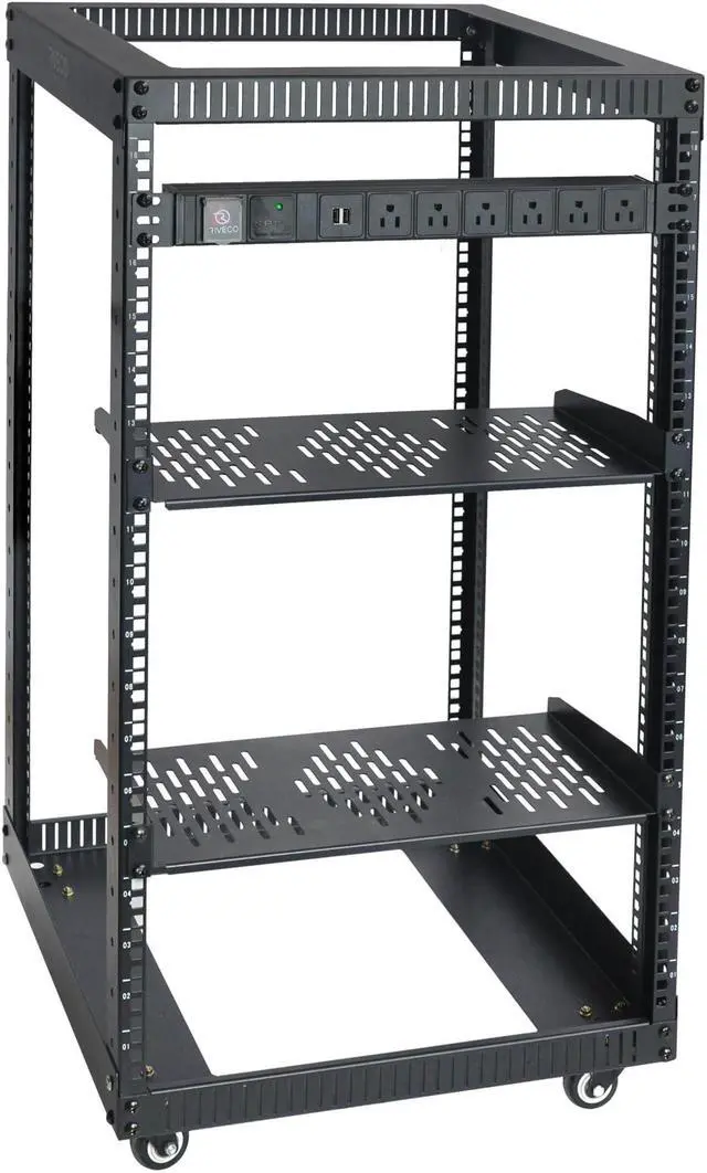 Main image of RIVECO 18U Open Frame Server Rack with Brake Casters + PDU (8 Outlets) Power Strip Surge Protector + 2 PCS Rack Shelves Cantilever Tray Set Black