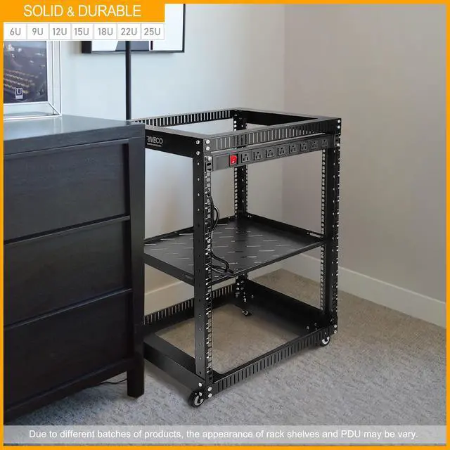 Alt view image 5 of 5 - RIVECO 18U Open Frame Server Rack with Brake Casters + PDU (8 Outlets) Power Strip Surge Protector + 2 PCS Rack Shelves Cantilever Tray Set Black