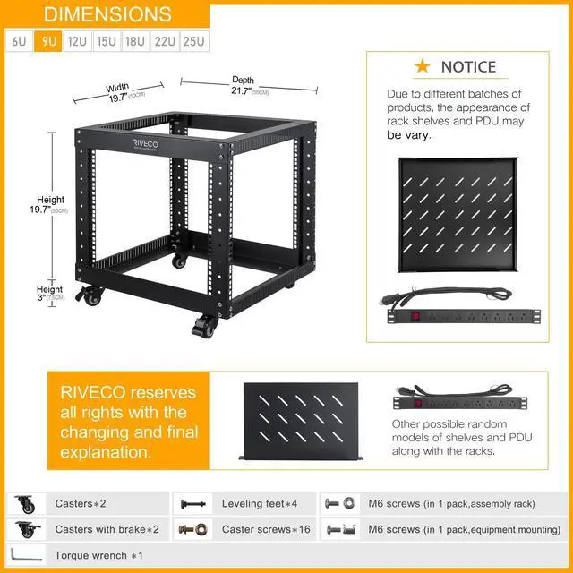 Alt view image 2 of 5 - RIVECO 9U Open Frame Server Rack with Wheels + PDU (8 Outlets) Power Strip Surge Protector (1u Rack Shelf 1pcs +PDU)