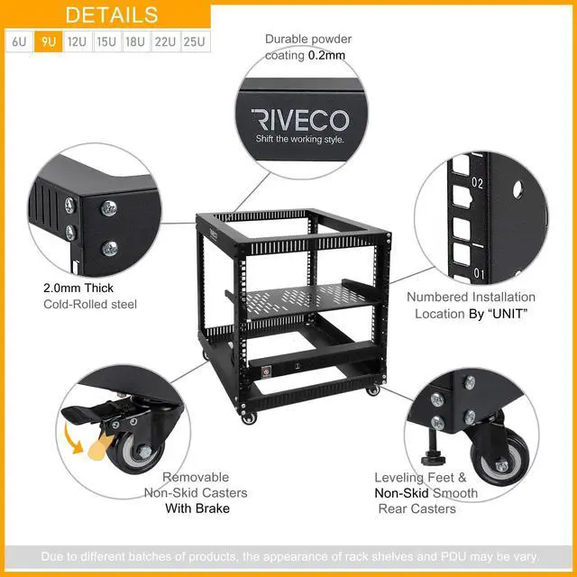 Alt view image 4 of 5 - RIVECO 9U Open Frame Server Rack with Wheels + PDU (8 Outlets) Power Strip Surge Protector (1u Rack Shelf 1pcs +PDU)