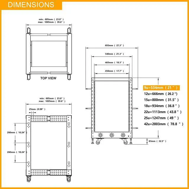 Alt view image 5 of 5 - RIVECO 9U 19 Adjustable Depth Server Rack Support Up to 1700LBS Floor Standing 4 Post Rack with Load-Bearing Casters Universal for Network Equipment Black