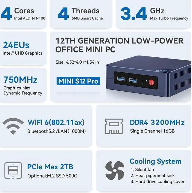 Alt view image 2 of 5 - Beelink Mini PC, Mini S12 Pro Intel 12th Gen 4-Core N100(up to 3.4GHz), Mini Computer 16GB DDR4 RAM 500GB SSD, Desktop PC Dual HDMI 4K UHD/Gigabit Ethernet/WiFi6/BT5.2/HTPC