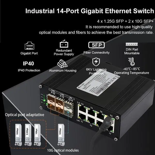 Alt view image 4 of 5 - Industrial 8-Port Gigabit Ethernet Plus Switch with 2x10G SFP+ and 4x1.2.5G SFP, 10/100/1000Mbps, DIN Rail Mount Unmanaged Ethernet Fiber Switch