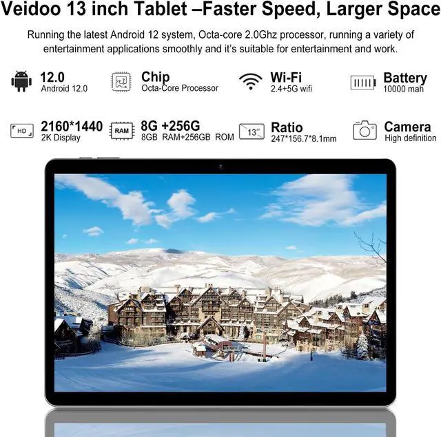 Alt view image 3 of 5 - Veidoo 13 Inch Android Tablet, 2K 2160x1440 FHD Screen, 16GB (8+8 Expand) RAM 256GB ROM with 1TB Expand, Octa-Core Processor, Dual Nano SIM Card 4G LTE Tablet with 2.4G / 5G WiFi, 10000 mAh Battery