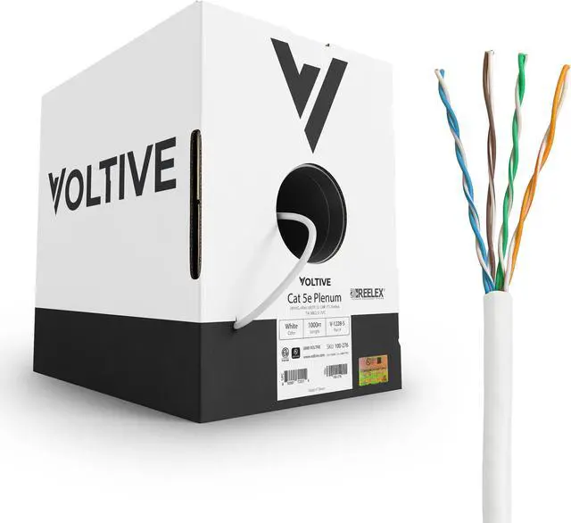 Main image of Voltive Cat5e Plenum (CMP), 1000ft, White - Solid Bare Copper Bulk Ethernet Cable - UTP - 350MHz - UL Certified & ETL Verified