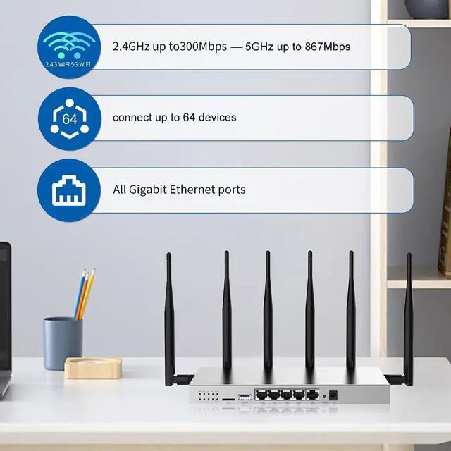 Alt view image 4 of 5 - Wiflyer WG3526 4G LTE Router | AC1200Mbps Dual Band CAT4 Wireless Router with Metal Case and Detachable 6x5dBi Antennas| Gigabit Ethernet with TF Card Slot & USB3.0 Port & SIM Card Slot