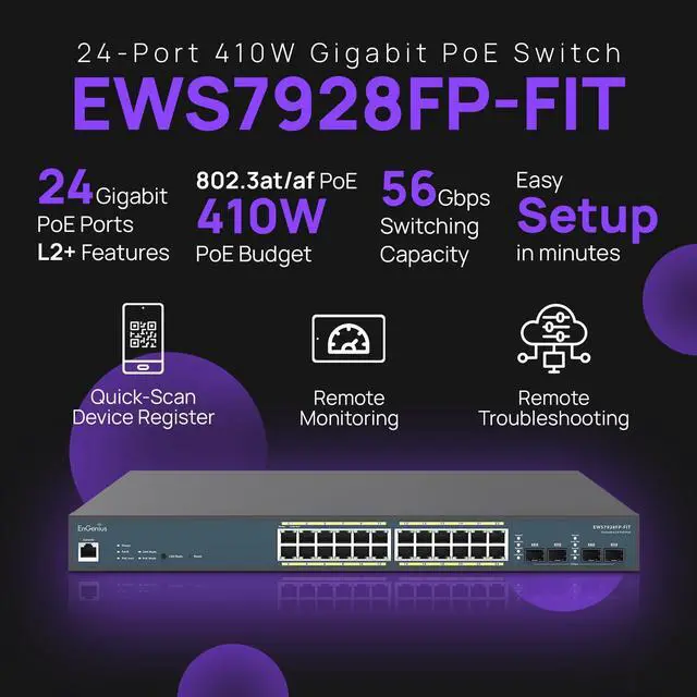 Alt view image 2 of 5 - EnGenius Fit L2 Plus Managed 24-Port Gigabit PoE+ Switch | 802.3at/af PoE+ Ready | 410W Budget | 4 SFP Uplink Ports | 56 Gbps Switching Capacity | [EWS7928FP-FIT]