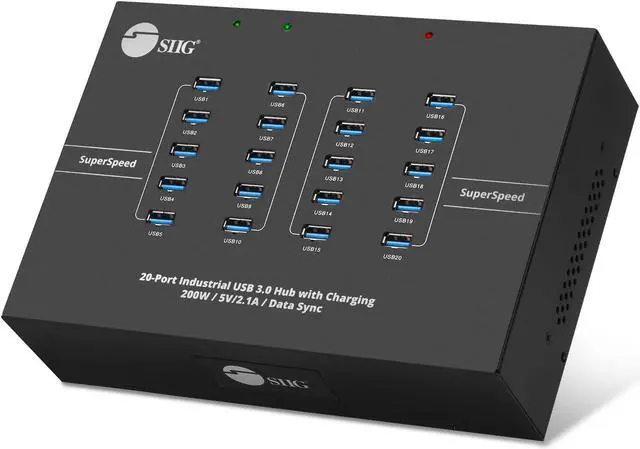 Alt view image 6 of 7 - SIIG 20-Port Industrial USB 3.0 Hub with Charging - 200W, 5Gbps with 5V/2.1A per Port, Powered Multiport Hub Expander for Laptop, Tablets, Cellphone, External HDD, Keyboard and Mouse (ID-US0611-S1)