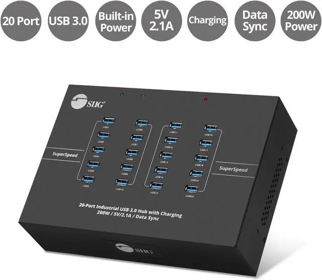Alt view image 7 of 7 - SIIG 20-Port Industrial USB 3.0 Hub with Charging - 200W, 5Gbps with 5V/2.1A per Port, Powered Multiport Hub Expander for Laptop, Tablets, Cellphone, External HDD, Keyboard and Mouse (ID-US0611-S1)