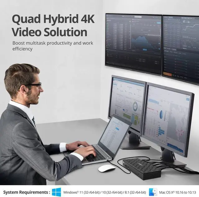 Alt view image 3 of 5 - SIIG USB-C Quad 4K 60Hz Docking Station with 100W PD - Quad 4K@60Hz Monitor Laptop Dock - DisplayLink - 4 HDMI 4 DisplayPort, 4X USB-A, 2X USB-C, Thunderbolt 3 Compatible, 2.5 Gigabit Ethernet