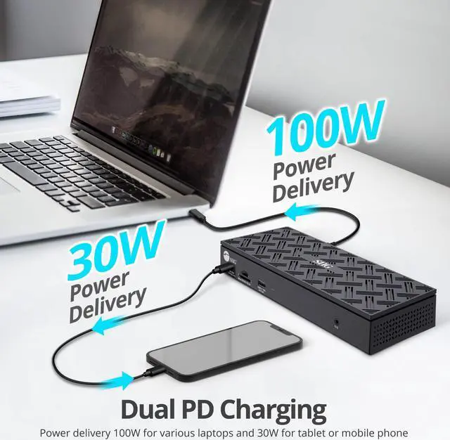 Alt view image 5 of 5 - SIIG USB-C Quad 4K 60Hz Docking Station with 100W PD - Quad 4K@60Hz Monitor Laptop Dock - DisplayLink - 4 HDMI 4 DisplayPort, 4X USB-A, 2X USB-C, Thunderbolt 3 Compatible, 2.5 Gigabit Ethernet