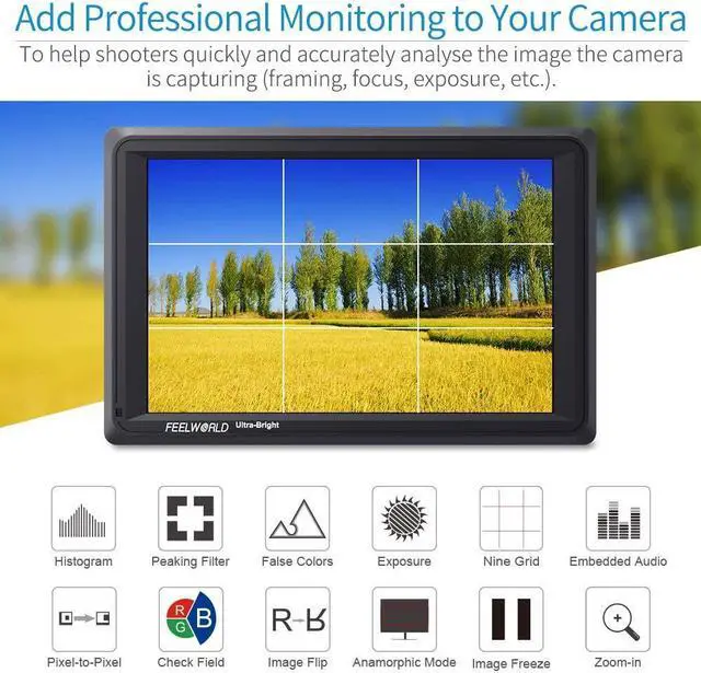 Alt view image 3 of 5 - FEELWORLD FW279 7 Inch Ultra Bright 2200nit Daylight Viewable Full HD 1920x1200 IPS Panel DSLR On Camera Field Monitor 4K HDMI Input/Output Video Assist Peaking Focus
