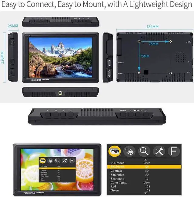 Alt view image 4 of 5 - FEELWORLD FW279 7 Inch Ultra Bright 2200nit Daylight Viewable Full HD 1920x1200 IPS Panel DSLR On Camera Field Monitor 4K HDMI Input/Output Video Assist Peaking Focus