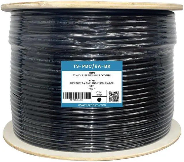 Alt view image 3 of 4 - TSCables | Cat6A Plenum (CMP) 1000ft, 750Mhz, PoE++ (4PPoE) | 100% Solid Bare Copper | 23AWG Unshielded Twisted Pairs (UTP), Available in 7 Colors for Easy Identification (Black, 1000ft)