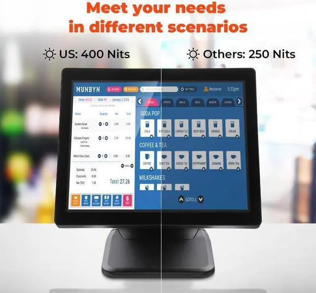 Alt view image 3 of 5 - MUNBYN 17-inch POS-Touch-Screen-Monitor, POS-System-for-Small-Business, Multi-Touch Monitor, 400 nits True Flat Seamless Capacitive LED, VGA/HDMI Input for Office, POS, Restaurant, No Driver Required
