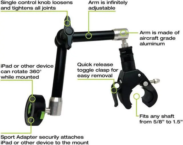 Alt view image 2 of 5 - MYGOFLIGHT Flex Yoke Articulated Arm Sport Mount and Universal Cradle Kit for Any 7-11 iPad Mini Air Pro Android Tablet PC Airplane Car RV Truck Boat Steering Wheel Dash Mounting
