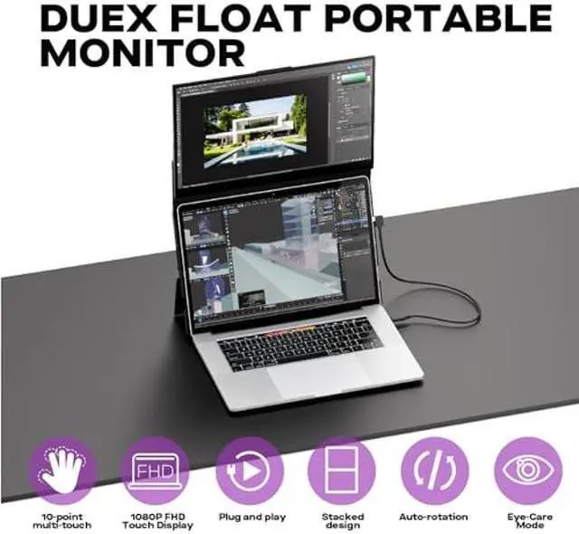 Alt view image 2 of 5 - Duex Float New Mobile Pixels 15.6" Stacked Portable Monitor, FHD IPS Portable Touchscreen (Built-in Kickstand), USB C/HDMI Laptop Screen Extender (Optional Magnets), Windows, MacOS, ChromeOS, Switch