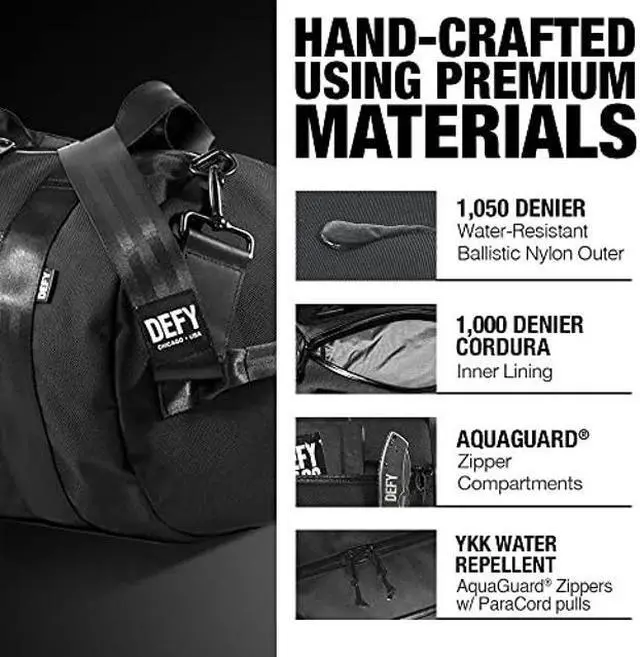 Alt view image 3 of 5 - DEFY The Ultimate Overnighter Duffle Bag | Ballistic Nylon Gym/Travel Bag | 36 Liter, Large Weekender Bag, Travel Duffel Bag | Water Repellent Gym Bags For Men & Women (Black)