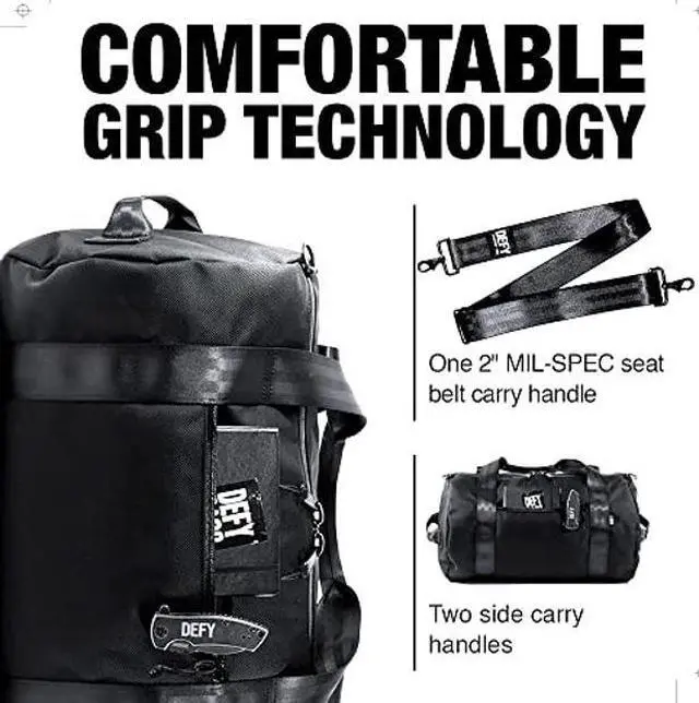 Alt view image 5 of 5 - DEFY The Ultimate Overnighter Duffle Bag | Ballistic Nylon Gym/Travel Bag | 36 Liter, Large Weekender Bag, Travel Duffel Bag | Water Repellent Gym Bags For Men & Women (Black)