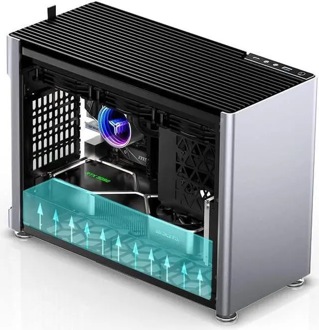Alt view image 4 of 5 - Jonsplus i100 Pro Mini-ITX Gaming Case, Sandblasted Silver Magnesium/Aluminum Alloy, Tempered Glass Side Panels - Supports Custom Liquid Cooling, 360mm AIO, 166mm Air Cooler, 3-Slot GPU