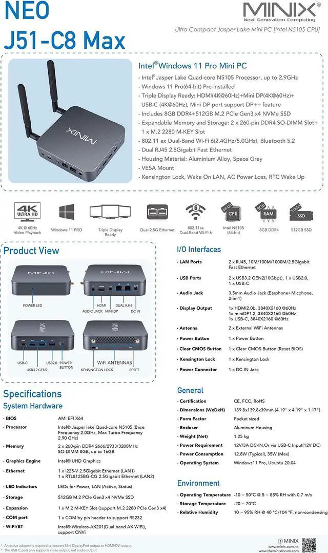 Alt view image 5 of 5 - MINIX NEO J51-C8 Max Mini Computer, 8GB/512GB M.2 PCIe NVMe SSD Windows 11 Pro, Aluminum/Wi-Fi6/Dual 2.5GB LAN/USB-C/Triple Display/4K/Auto Power On/PXE Boot/RTC/Vesa Mount