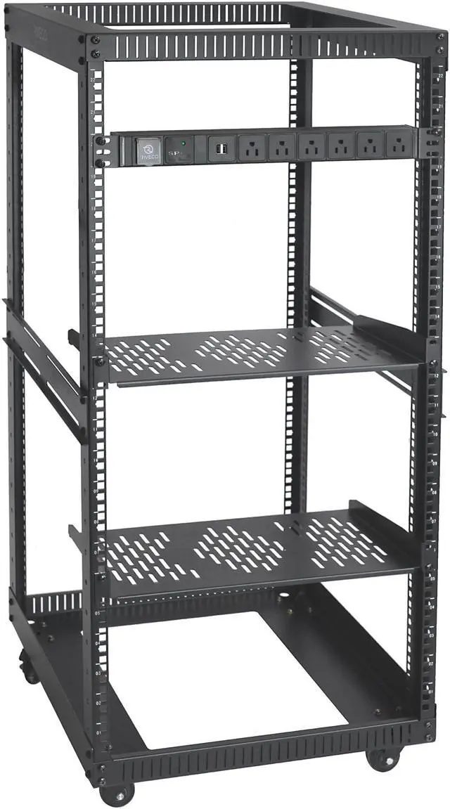 Main image of RIVECO 22U Open Frame Server Rack with Brake Casters +19" Rail Mounting PDU (8 Outlets) Power Strip with Surge Protector + 2PCS Rack Shelves Cantilever Tray Set Black