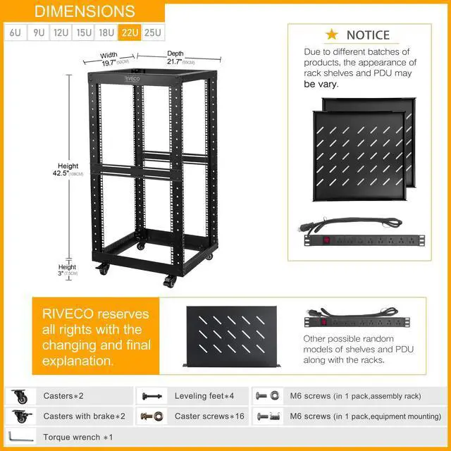 Alt view image 2 of 5 - RIVECO 22U Open Frame Server Rack with Brake Casters +19" Rail Mounting PDU (8 Outlets) Power Strip with Surge Protector + 2PCS Rack Shelves Cantilever Tray Set Black