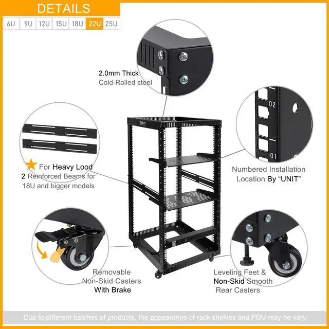 Alt view image 4 of 5 - RIVECO 22U Open Frame Server Rack with Brake Casters +19" Rail Mounting PDU (8 Outlets) Power Strip with Surge Protector + 2PCS Rack Shelves Cantilever Tray Set Black