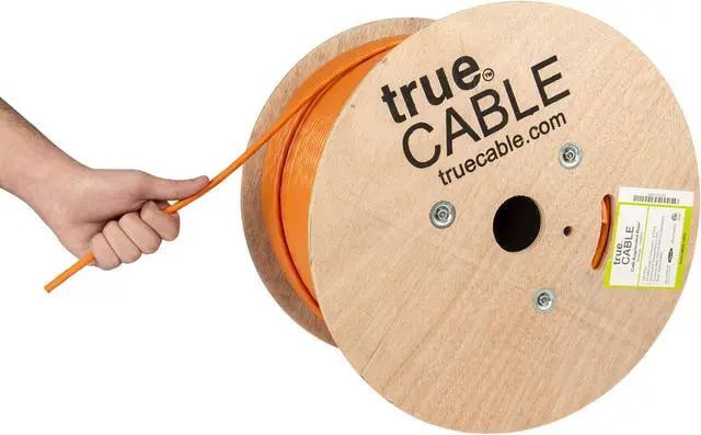 Main image of trueCABLE Cat6A Riser (CMR), 1000ft, Orange, 23AWG 4 Pair Solid Bare Copper, 750MHz, PoE++ (4PPoE), ETL Listed, Unshielded Twisted Pair (UTP), Bulk Ethernet Cable