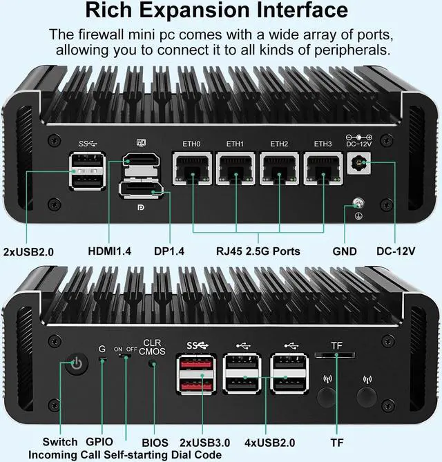Alt view image 4 of 5 - Firewall Micro Appliance, Fanless Mini PC Intel N100 Quad Core, DDR5 RAM, VPN, Router PC, AES-NI, 4 Intel 2.5GbE I226-V LAN, Barebone