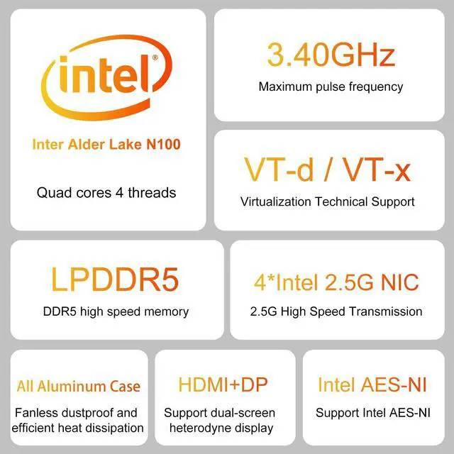 Alt view image 5 of 5 - Firewall Micro Appliance, Fanless Mini PC Intel N100 Quad Core, DDR5 RAM, VPN, Router PC, AES-NI, 4 Intel 2.5GbE I226-V LAN, Barebone