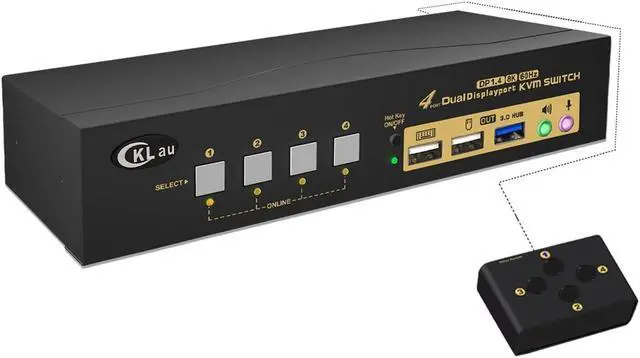 Main image of CKLau USB 3.0 4 Port KVM Switch Dual Monitor Displayport 1.4 8K@30Hz 4K@144Hz with Audio and Input Output Cables for 4 Computers Sharing Monitors Keyboard Mouse Peripheral
