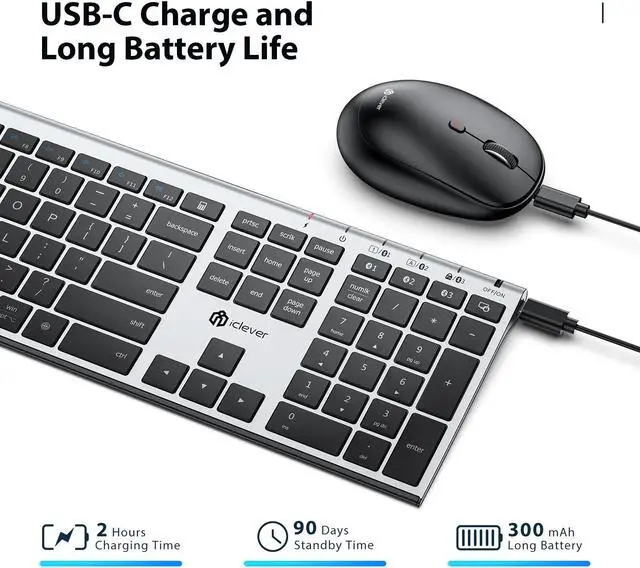 Alt view image 3 of 5 - iClever Bluetooth Keyboard and Mouse, Rechargeable Wireless Keyboard and Mouse Combo with Numeric Keypad, Ultra-Slim Full Size Multi-Device Keyboard for Mac, iPad, MacBook, iPhone, Android, Windows